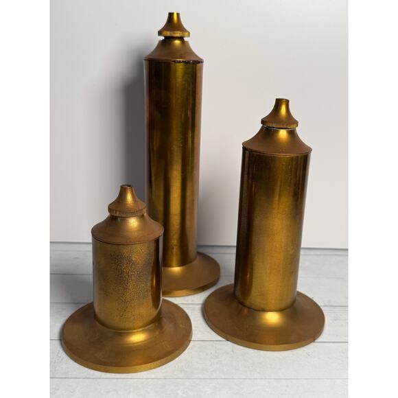 Vintage MCM Brass Oil Candlesticks Set of 3 - Picture 1 of 8